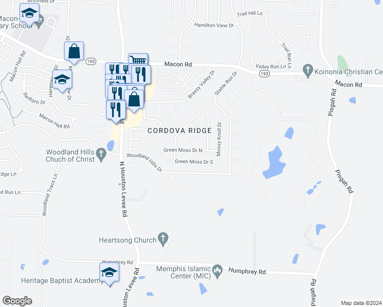 map of restaurants, bars, coffee shops, grocery stores, and more near 10229 North Green Moss Drive in Shelby County