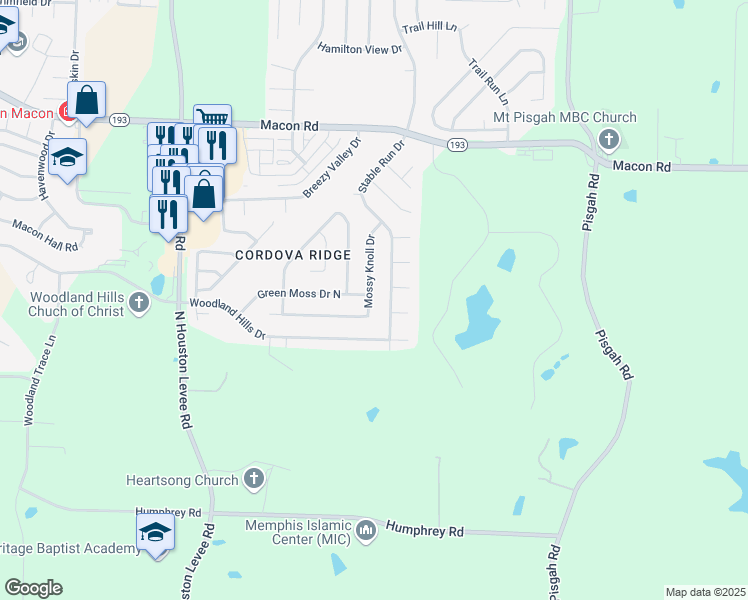 map of restaurants, bars, coffee shops, grocery stores, and more near 1046 Mossy Knoll Drive in Shelby County