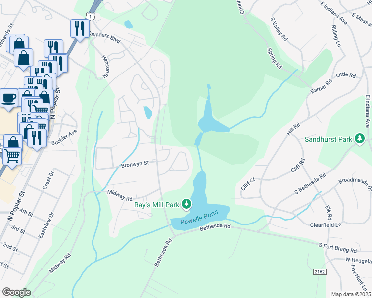 map of restaurants, bars, coffee shops, grocery stores, and more near 68 Cypress Circle in Southern Pines