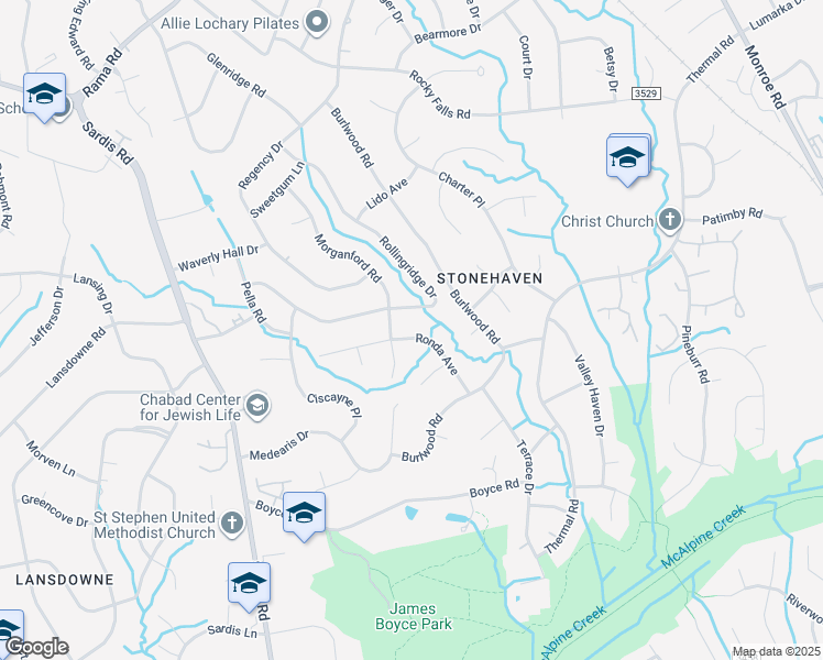 map of restaurants, bars, coffee shops, grocery stores, and more near 6817 Ronda Avenue in Charlotte