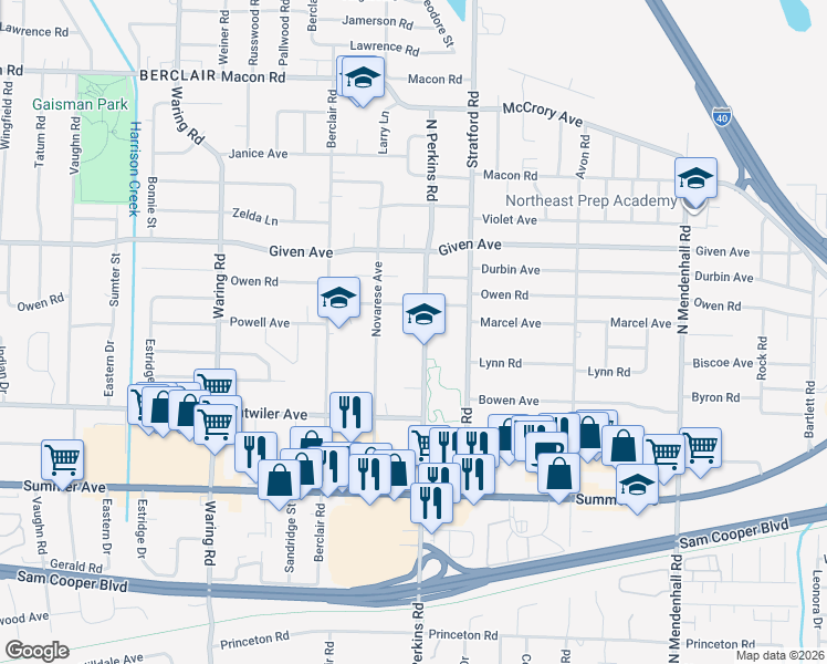 map of restaurants, bars, coffee shops, grocery stores, and more near 829 North Perkins Road in Memphis