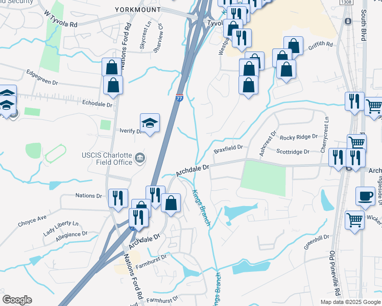 map of restaurants, bars, coffee shops, grocery stores, and more near 651 Archdale Dr in Charlotte