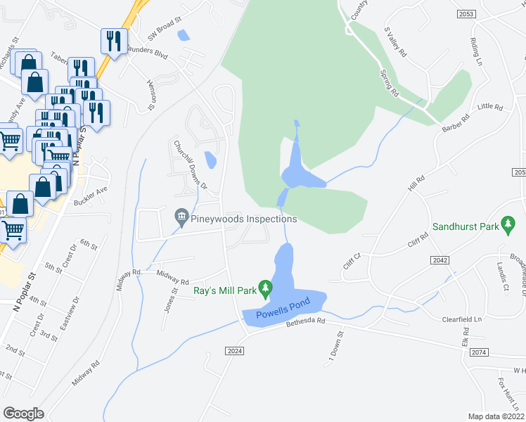 map of restaurants, bars, coffee shops, grocery stores, and more near 66 Cypress Circle in Southern Pines