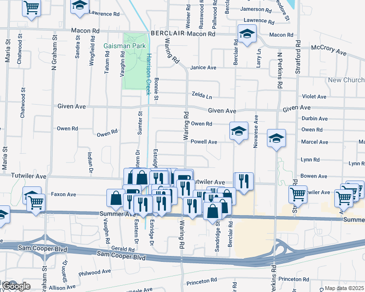 map of restaurants, bars, coffee shops, grocery stores, and more near 4339 Powell Avenue in Memphis