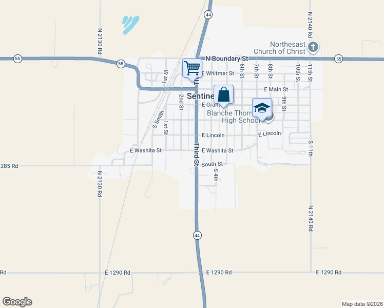 map of restaurants, bars, coffee shops, grocery stores, and more near 501 South 3rd Street in Sentinel