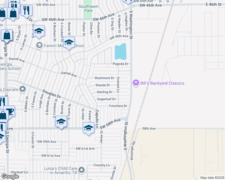 map of restaurants, bars, coffee shops, grocery stores, and more near 1120 Sterling Drive in Amarillo