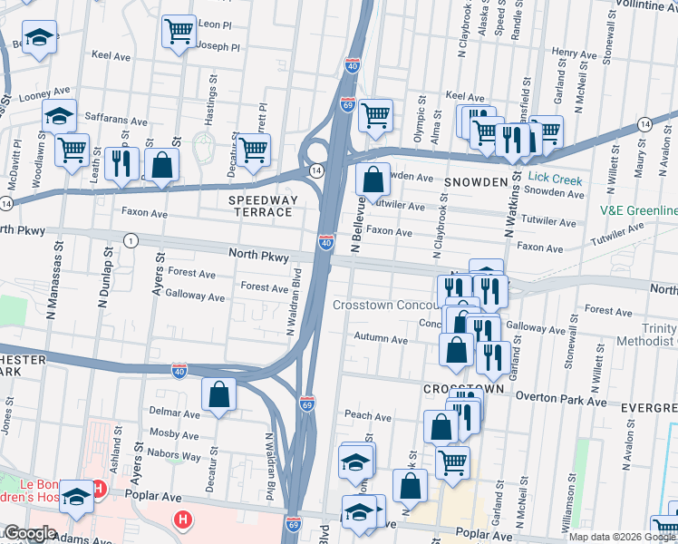 map of restaurants, bars, coffee shops, grocery stores, and more near 1155 North Parkway in Memphis
