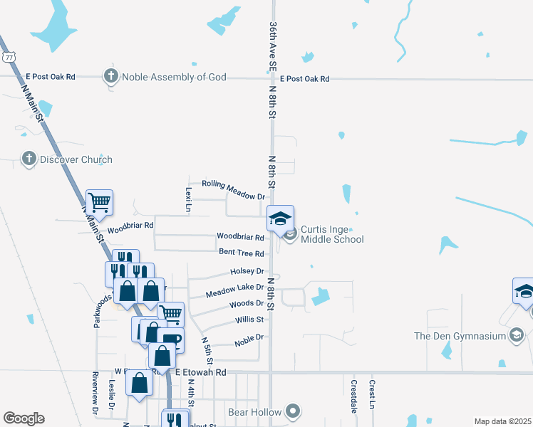 map of restaurants, bars, coffee shops, grocery stores, and more near 1301 Rolling Woods in Noble