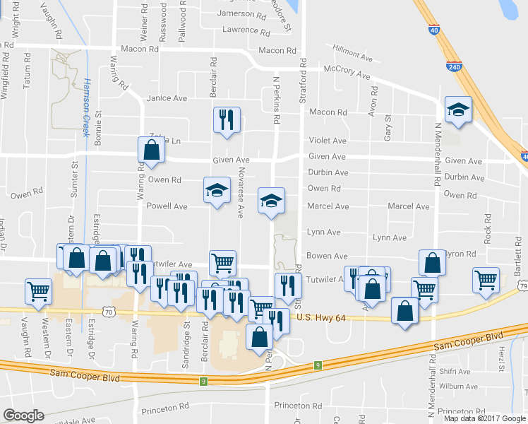 map of restaurants, bars, coffee shops, grocery stores, and more near 829 North Perkins Road in Memphis
