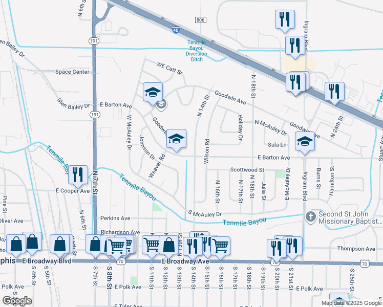 map of restaurants, bars, coffee shops, grocery stores, and more near 301 Glen Bailey Drive in West Memphis