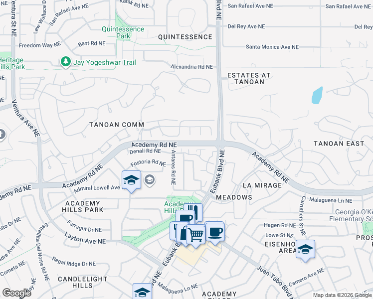 map of restaurants, bars, coffee shops, grocery stores, and more near 10221 Las Casitas Street Northeast in Albuquerque