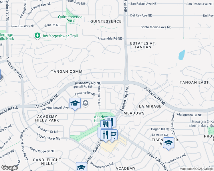 map of restaurants, bars, coffee shops, grocery stores, and more near 10221 Las Casitas Street Northeast in Albuquerque