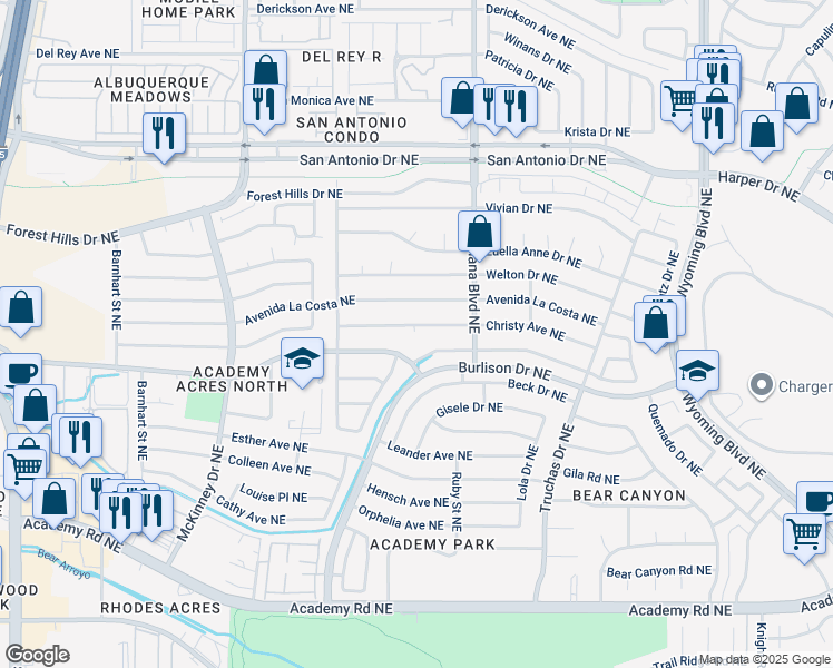 map of restaurants, bars, coffee shops, grocery stores, and more near 6904 Christy Avenue Northeast in Albuquerque