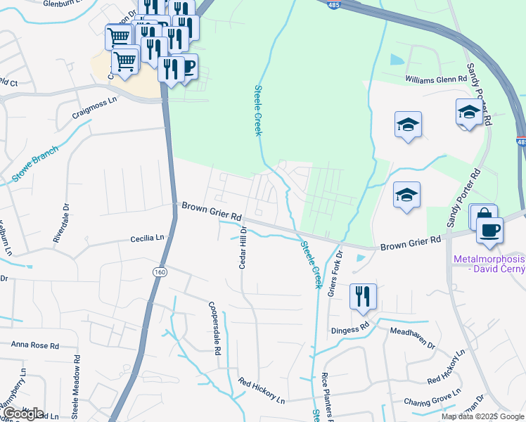 map of restaurants, bars, coffee shops, grocery stores, and more near 13631 Brown Grier Road in Charlotte