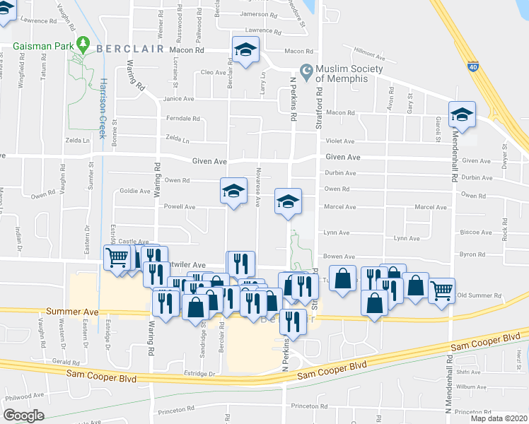 map of restaurants, bars, coffee shops, grocery stores, and more near 829 North Perkins Road in Memphis