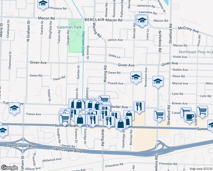 map of restaurants, bars, coffee shops, grocery stores, and more near 4339 Powell Avenue in Memphis