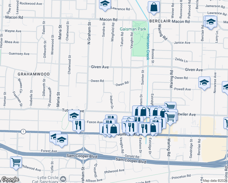 map of restaurants, bars, coffee shops, grocery stores, and more near 810 Indian Drive in Memphis