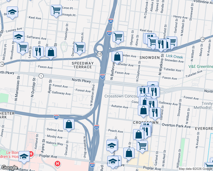 map of restaurants, bars, coffee shops, grocery stores, and more near 1155 North Parkway in Memphis