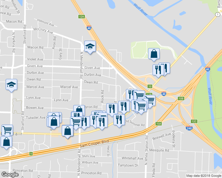 map of restaurants, bars, coffee shops, grocery stores, and more near 832 Harvey Cove in Memphis