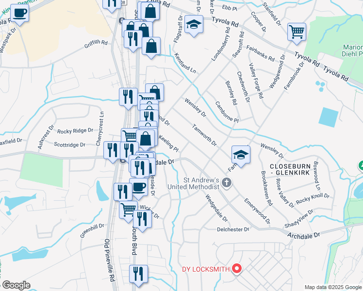 map of restaurants, bars, coffee shops, grocery stores, and more near 6014 Netherwood Drive in Charlotte