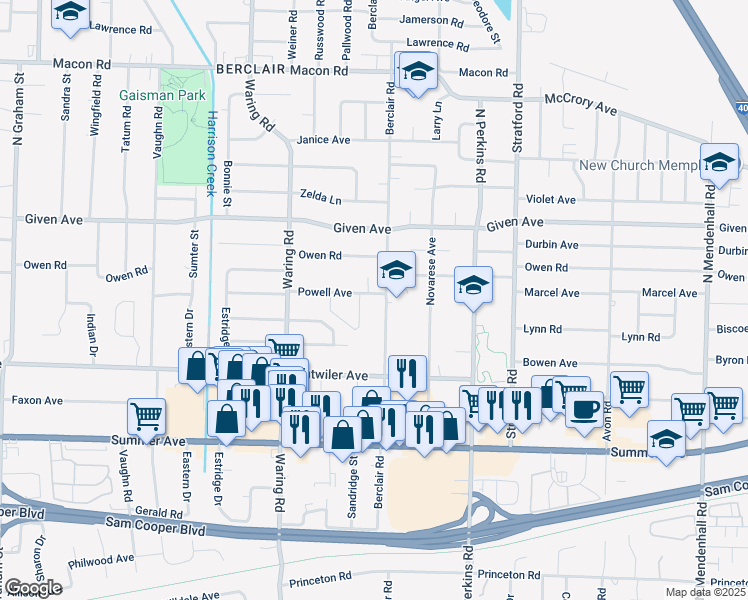 map of restaurants, bars, coffee shops, grocery stores, and more near 825 Berclair Road in Memphis