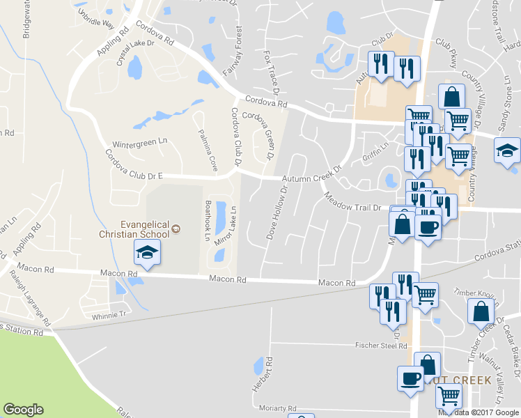 map of restaurants, bars, coffee shops, grocery stores, and more near 1068 Fox Trace Cove in Memphis
