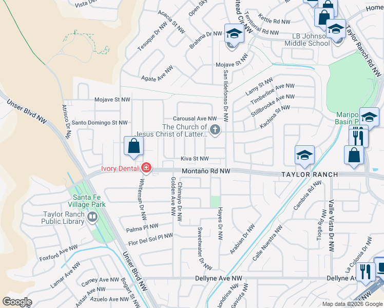 map of restaurants, bars, coffee shops, grocery stores, and more near 6105 Sweetwater Drive Northwest in Albuquerque