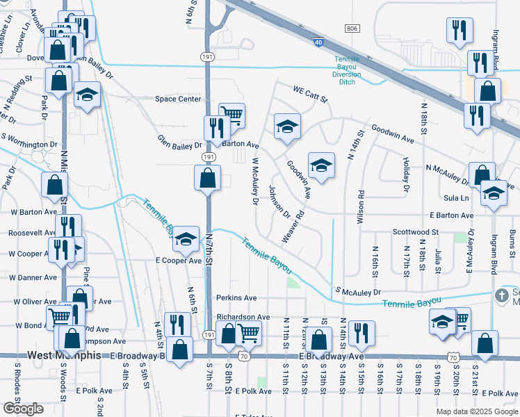 map of restaurants, bars, coffee shops, grocery stores, and more near 767 West McAuley Drive in West Memphis