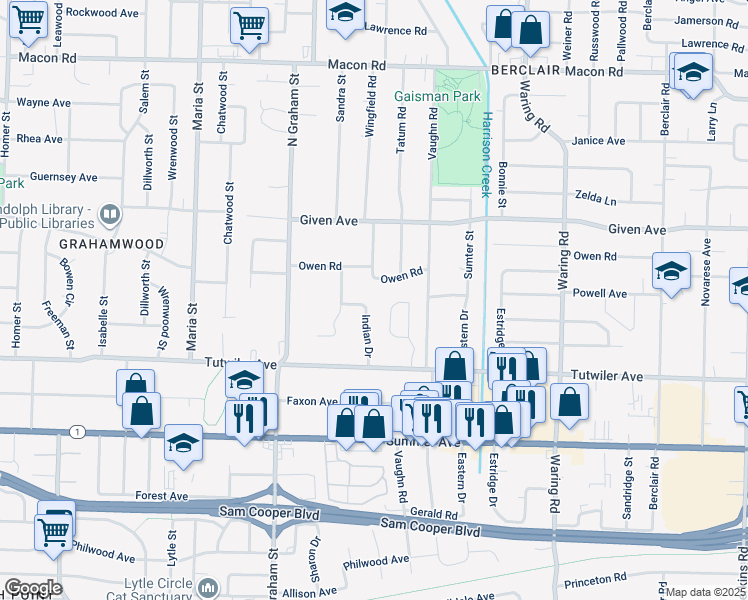 map of restaurants, bars, coffee shops, grocery stores, and more near 810 Indian Drive in Memphis