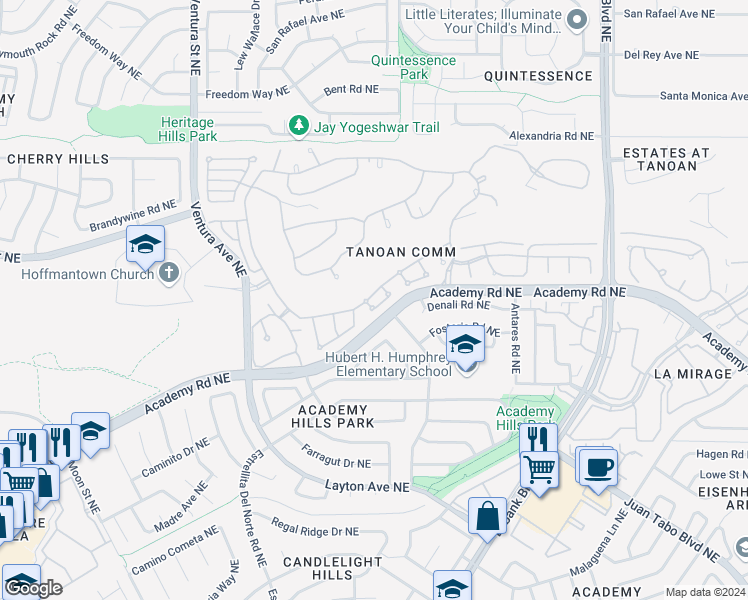 map of restaurants, bars, coffee shops, grocery stores, and more near 9601 Merion Circle Northeast in Albuquerque