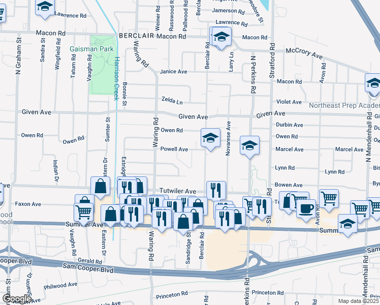 map of restaurants, bars, coffee shops, grocery stores, and more near 4447 Powell Avenue in Memphis