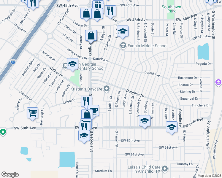 map of restaurants, bars, coffee shops, grocery stores, and more near 5204 South Milam Street in Amarillo