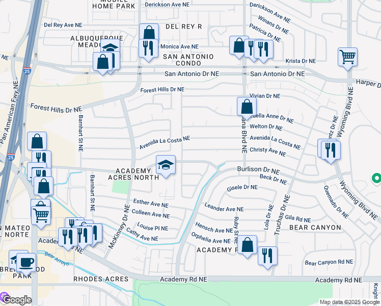 map of restaurants, bars, coffee shops, grocery stores, and more near 6608 Christy Avenue Northeast in Albuquerque