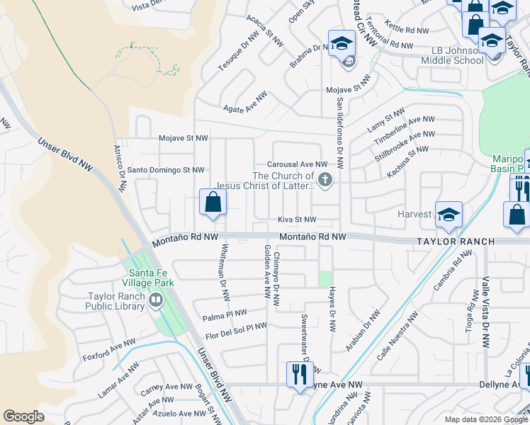 map of restaurants, bars, coffee shops, grocery stores, and more near 6105 Eagle Eye Drive Northwest in Albuquerque