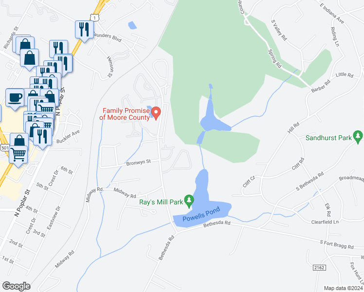 map of restaurants, bars, coffee shops, grocery stores, and more near 56 Cypress Circle in Southern Pines
