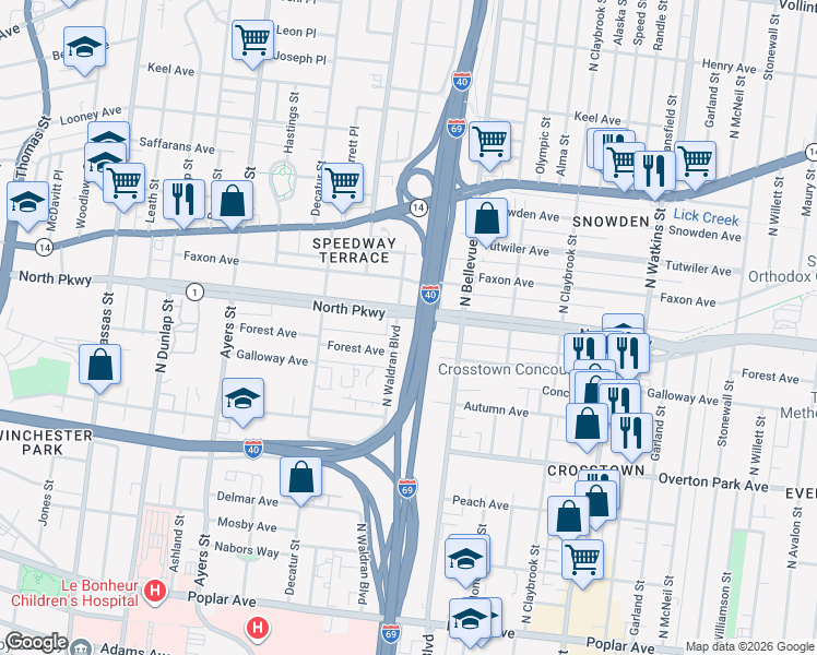 map of restaurants, bars, coffee shops, grocery stores, and more near 1099 North Parkway in Memphis