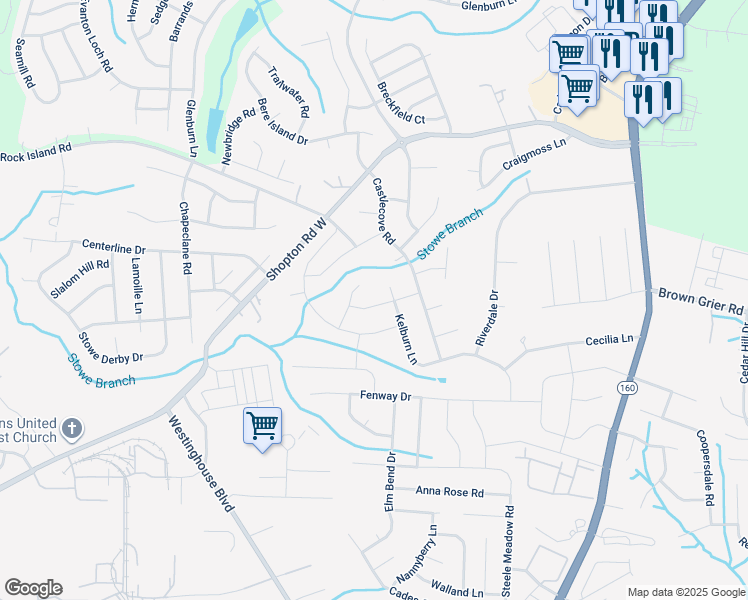 map of restaurants, bars, coffee shops, grocery stores, and more near 10414 Paisley Abbey Lane in Charlotte