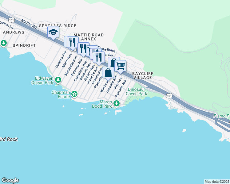 map of restaurants, bars, coffee shops, grocery stores, and more near 265 Pier Ave in Pismo Beach