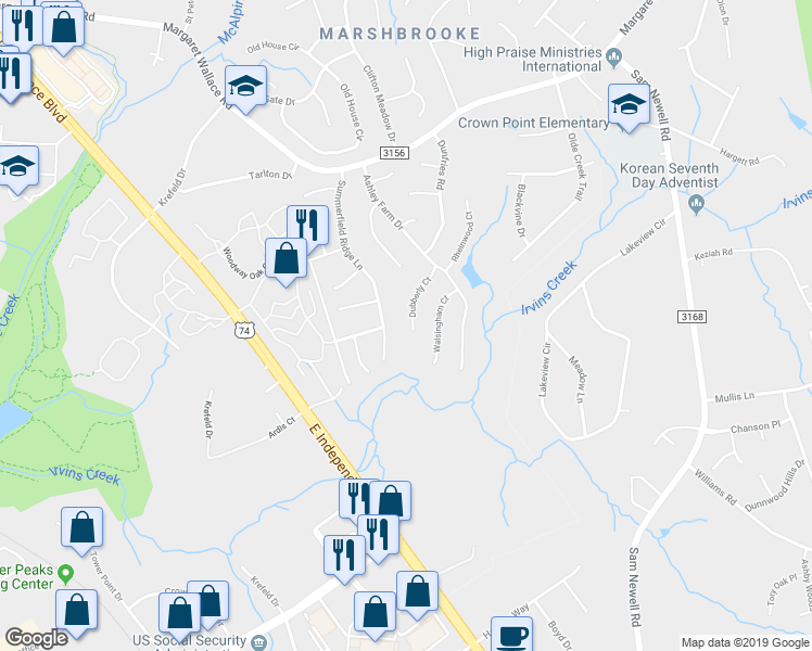 map of restaurants, bars, coffee shops, grocery stores, and more near 2911 Dubberly Court in Matthews