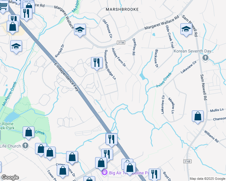 map of restaurants, bars, coffee shops, grocery stores, and more near 2339 Calabassas Lane in Matthews