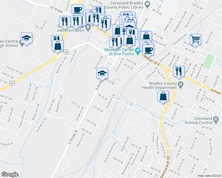 map of restaurants, bars, coffee shops, grocery stores, and more near 180 6th Street Southeast in Cleveland
