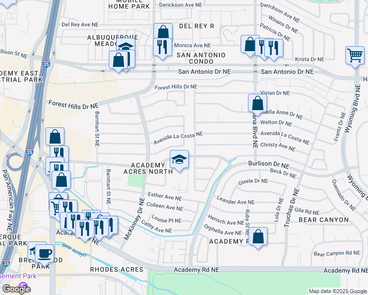 map of restaurants, bars, coffee shops, grocery stores, and more near 6508 Lafving Street Northeast in Albuquerque