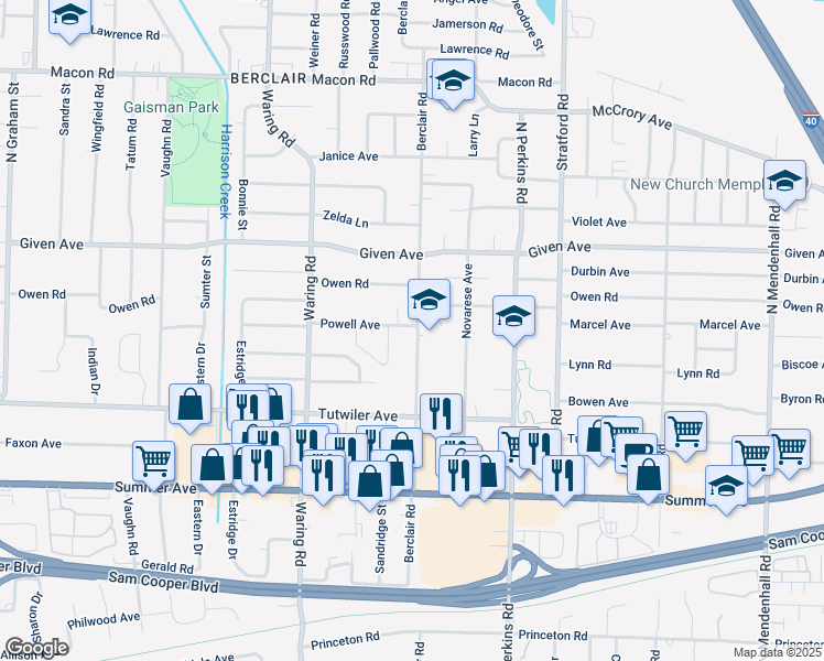 map of restaurants, bars, coffee shops, grocery stores, and more near 829 Berclair Road in Memphis