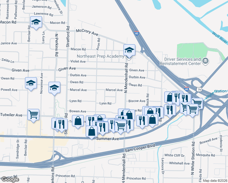 map of restaurants, bars, coffee shops, grocery stores, and more near 4841 Marcel Ave in Memphis
