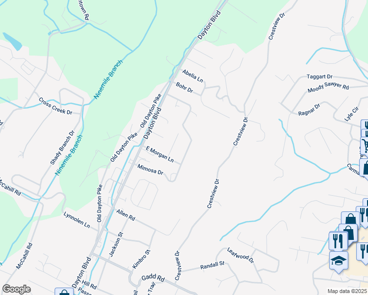 map of restaurants, bars, coffee shops, grocery stores, and more near 5723 North Morgan Lane in Chattanooga