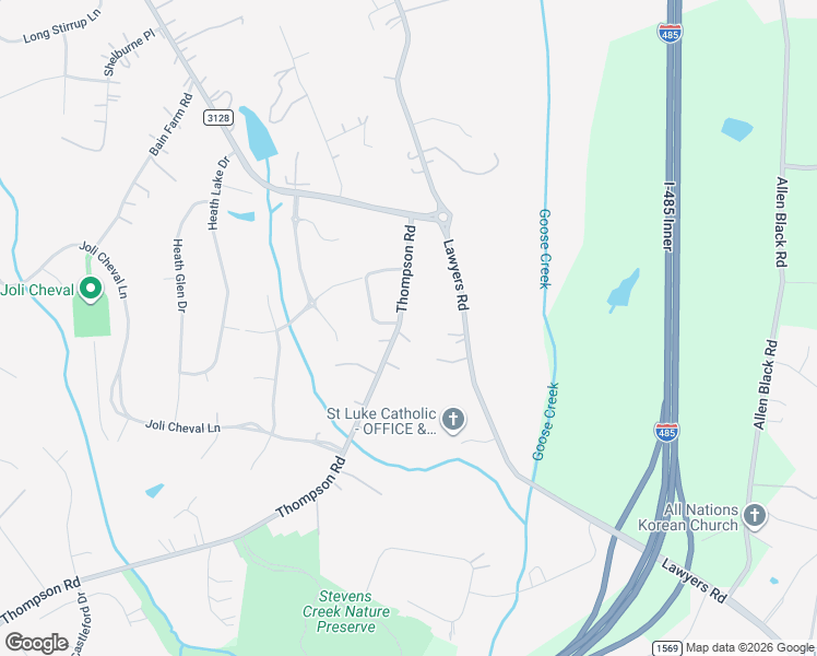 map of restaurants, bars, coffee shops, grocery stores, and more near 16350 Thompson Road in Mint Hill