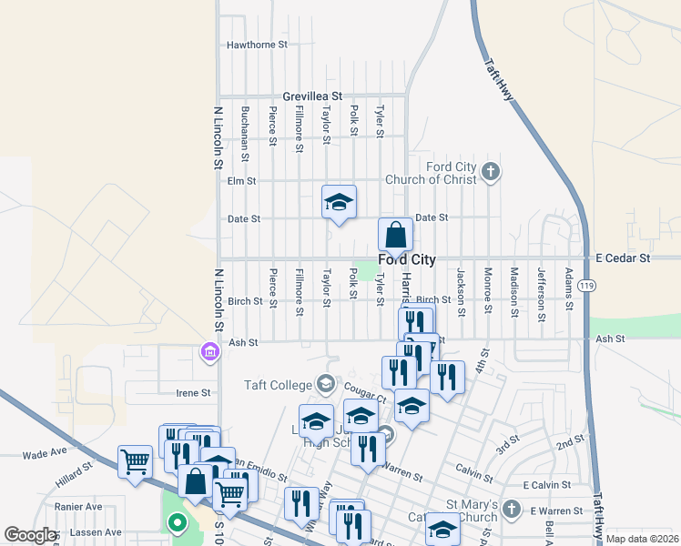 map of restaurants, bars, coffee shops, grocery stores, and more near 218 Taylor Street in Taft