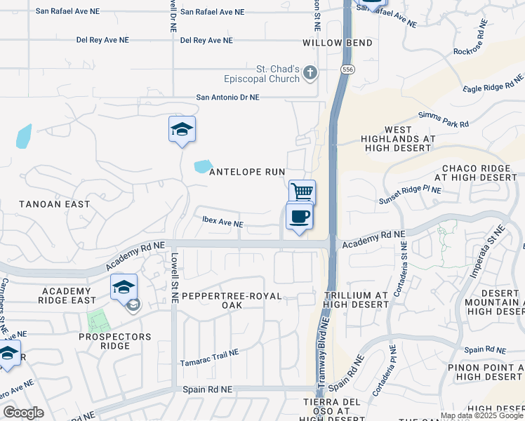 map of restaurants, bars, coffee shops, grocery stores, and more near 12029 Caribou Avenue Northeast in Albuquerque