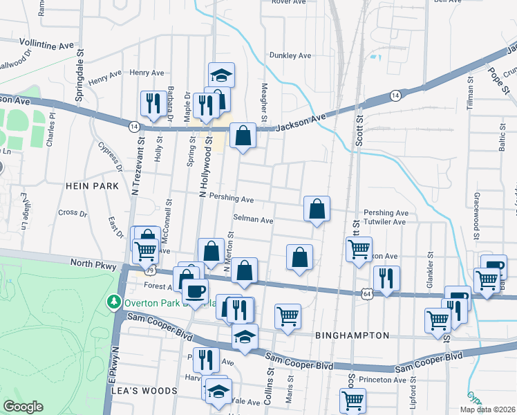map of restaurants, bars, coffee shops, grocery stores, and more near 2567 Pershing Avenue in Memphis