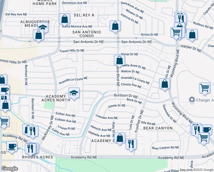 map of restaurants, bars, coffee shops, grocery stores, and more near 6904 Christy Avenue Northeast in Albuquerque